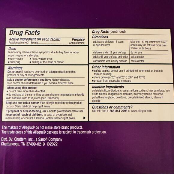 Allegra Allergy OTC 24 Hour Non Drowsy 110 Tablets Exp Date is March 2027 NEW - Picture 7 of 7